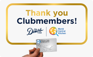 Diners Club International 75th Anniversary Thank You Message with World Central Kitchen Logo.